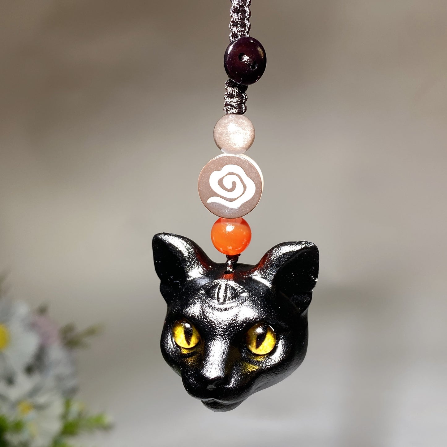 11cm Black Obsidian Cat Head Carving Key Chain Bag Hanging Crystal Healing Bulk Wholesale