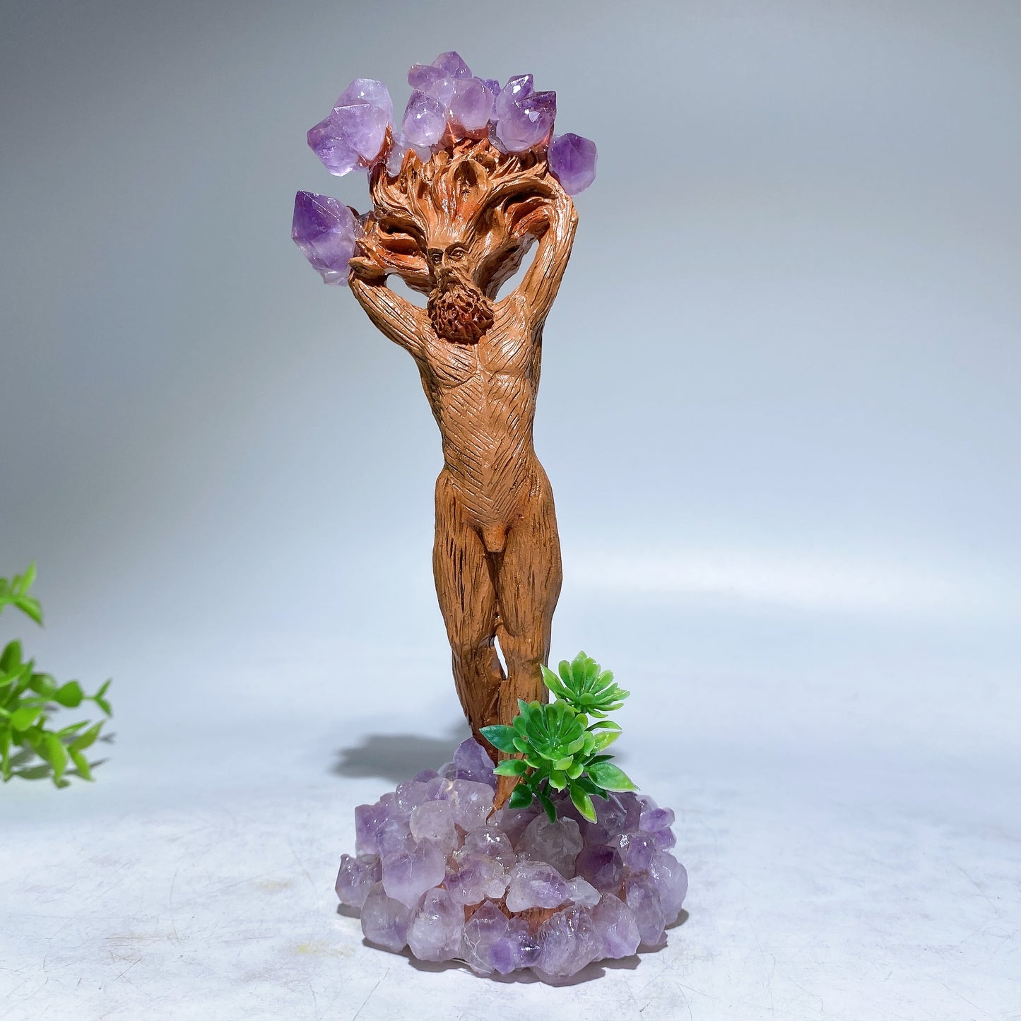 6.1" Amethyst Wooden Tree Elf Carving Crystal Healing Bulk Wholesale