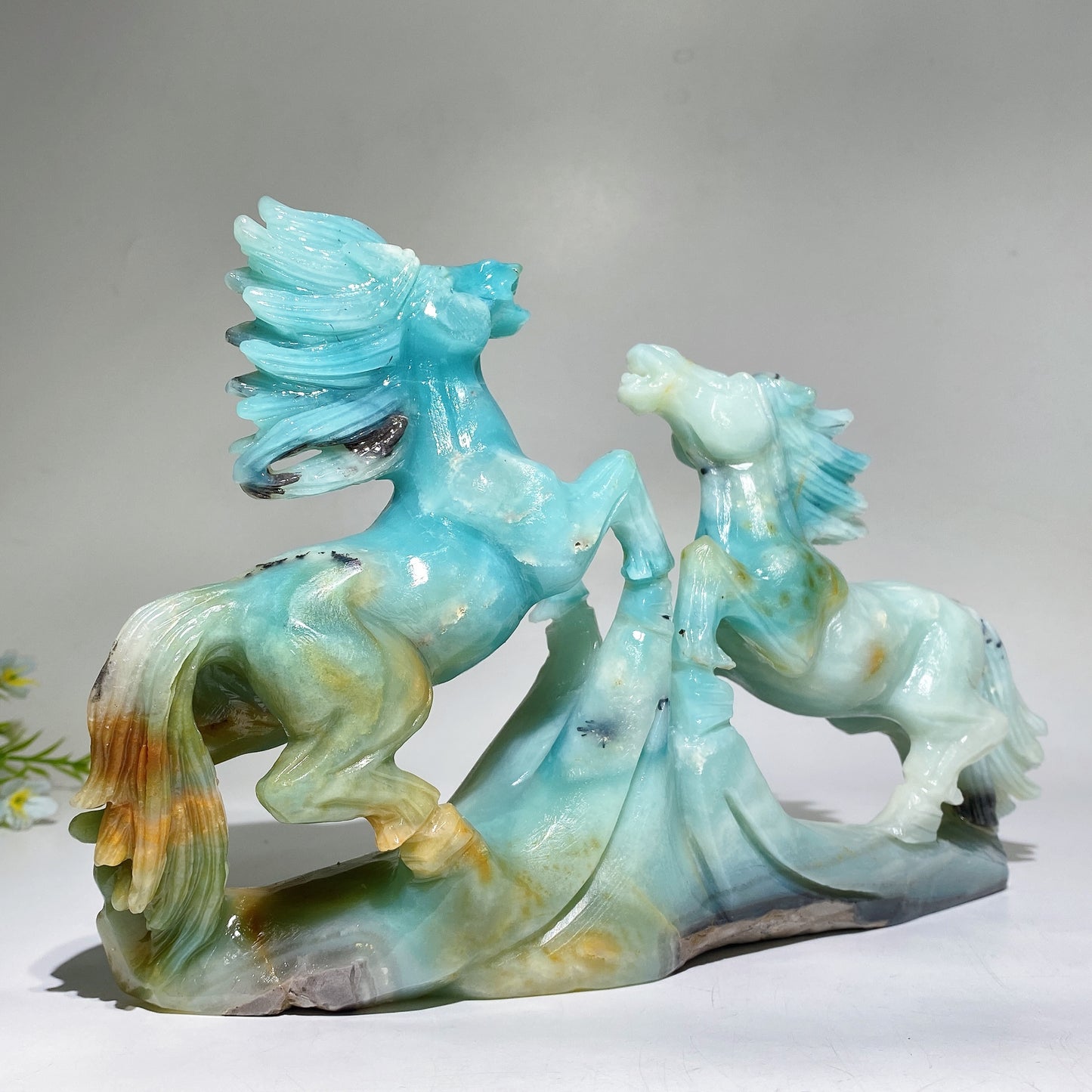 27cm Unique Hand Carved Caribbean Calcite Two Horses Free Form Crystal Healing Bulk Wholesale