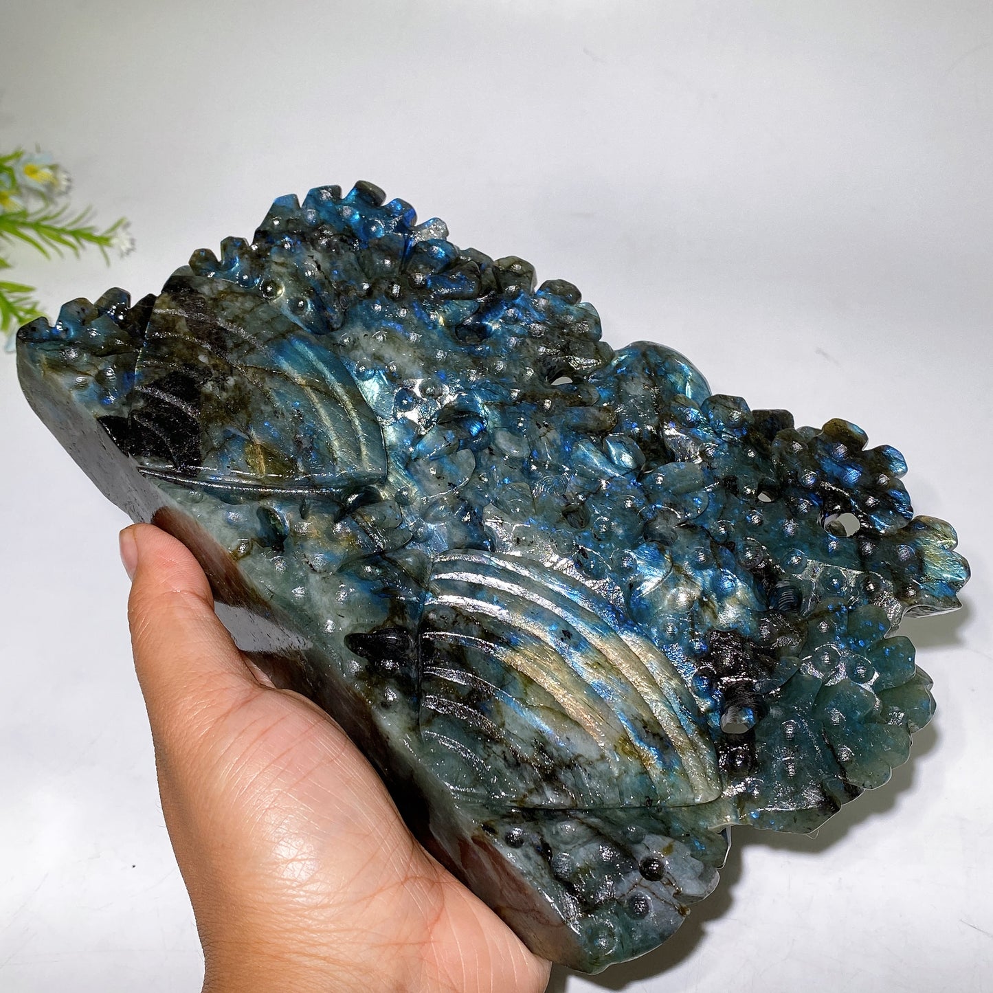21cm Unique Hand Carved Labradorite Ocean World with Dolphin Octopus Fish Turtle Coral Carvings Free Form Crystal Healing Bulk Wholesale