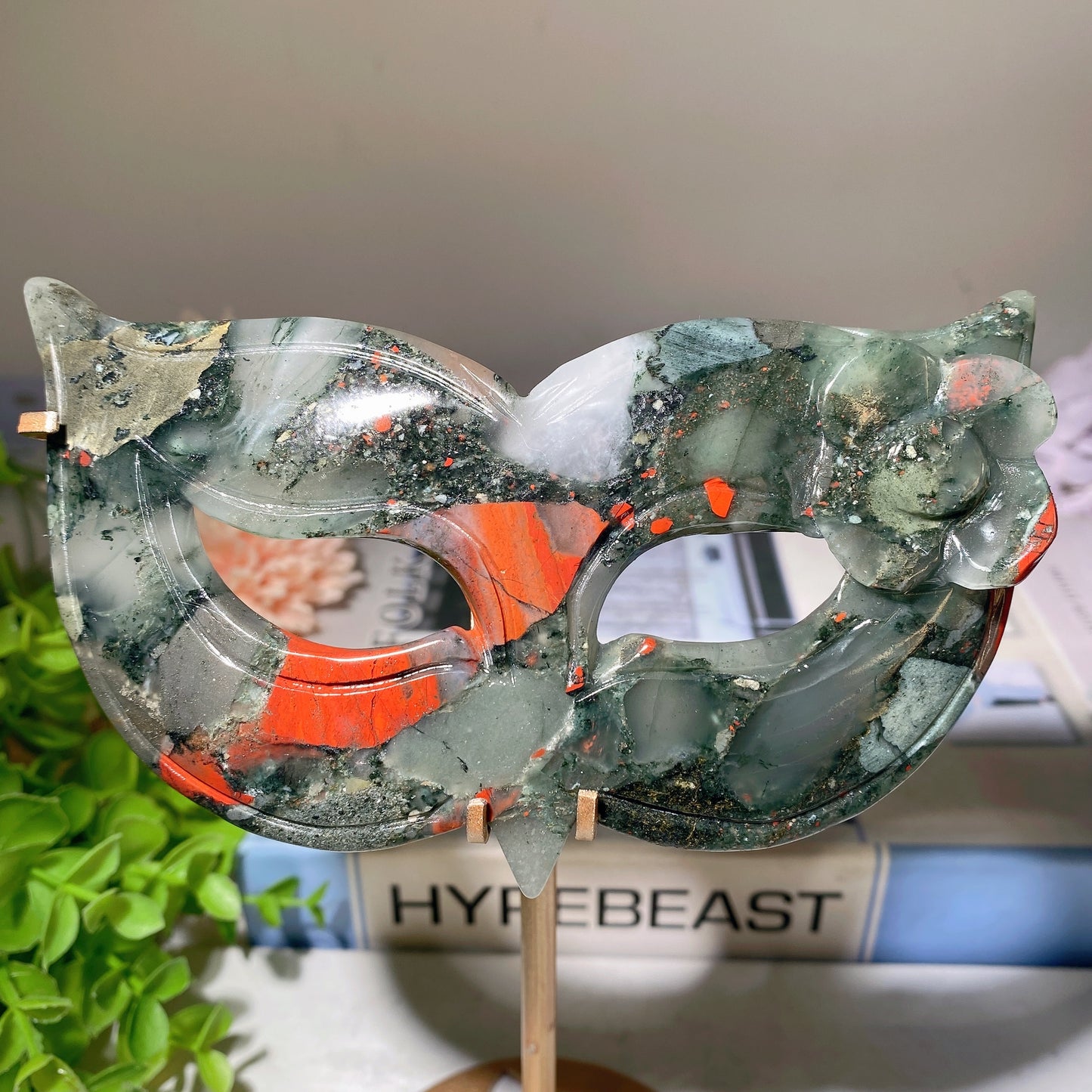 6.2" Moss Agate Blood Stone Cat Mask Carvings with Stand Bulk Wholesale