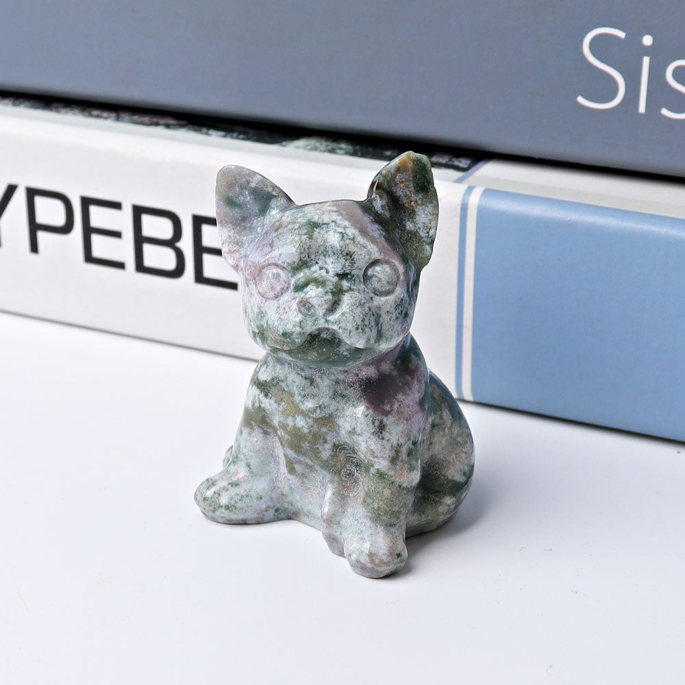 2.3" Moss Agate Bull Dog Crystal Carvings Animal Bulk Best Crystal Wholesalers