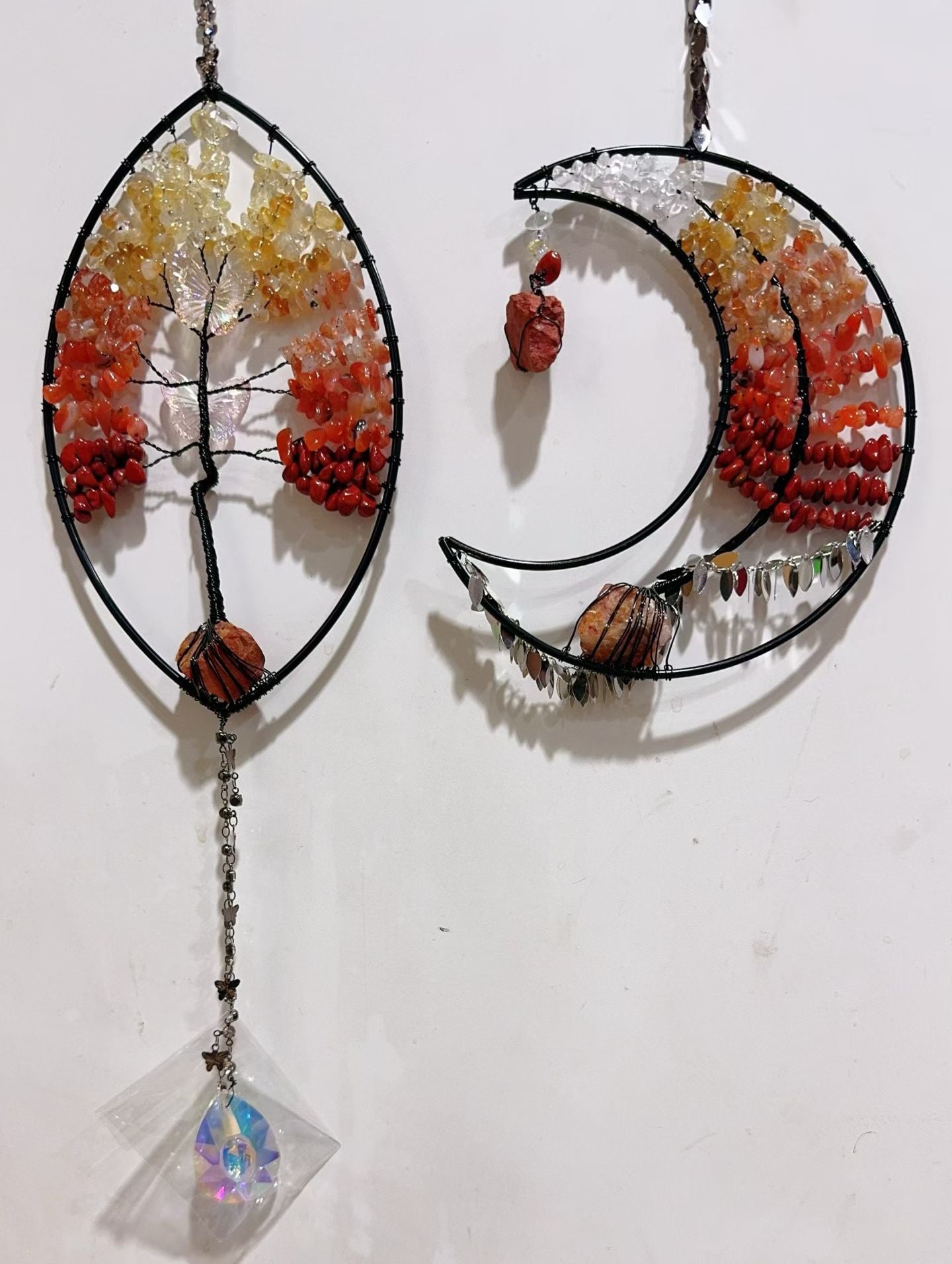Wire Wrap Natural Gemstone Crystal Chips Moon Leaf Hanging Ornament Crystal Healing Bulk Wholesale