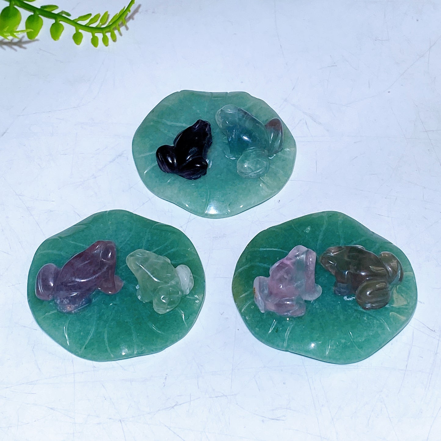 2.0" Fluorite Frogs on Aventurine Lotus Leaf Carving Crystal Healing Bulk Wholesale