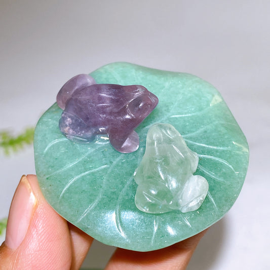 2.0" Fluorite Frogs on Aventurine Lotus Leaf Carving Crystal Healing Bulk Wholesale