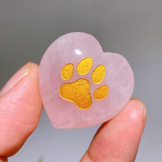30mm Rose Quartz Heart with Golden Printing Cat Dog Paw Crystal Healing Bulk Wholesale