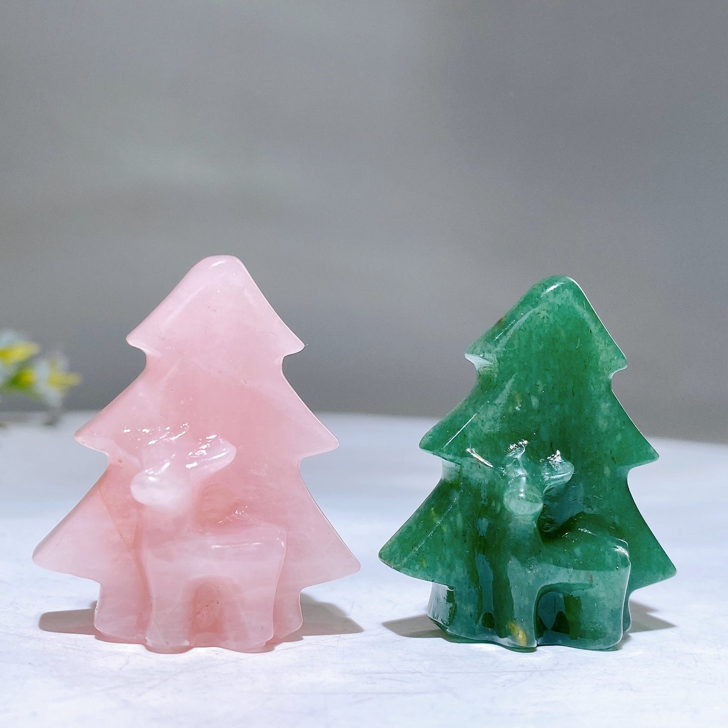 1.6" Rose Quartz Aventurine Christmas Tree with Deer Carving for Christmas Crystal Healing Bulk Wholesale
