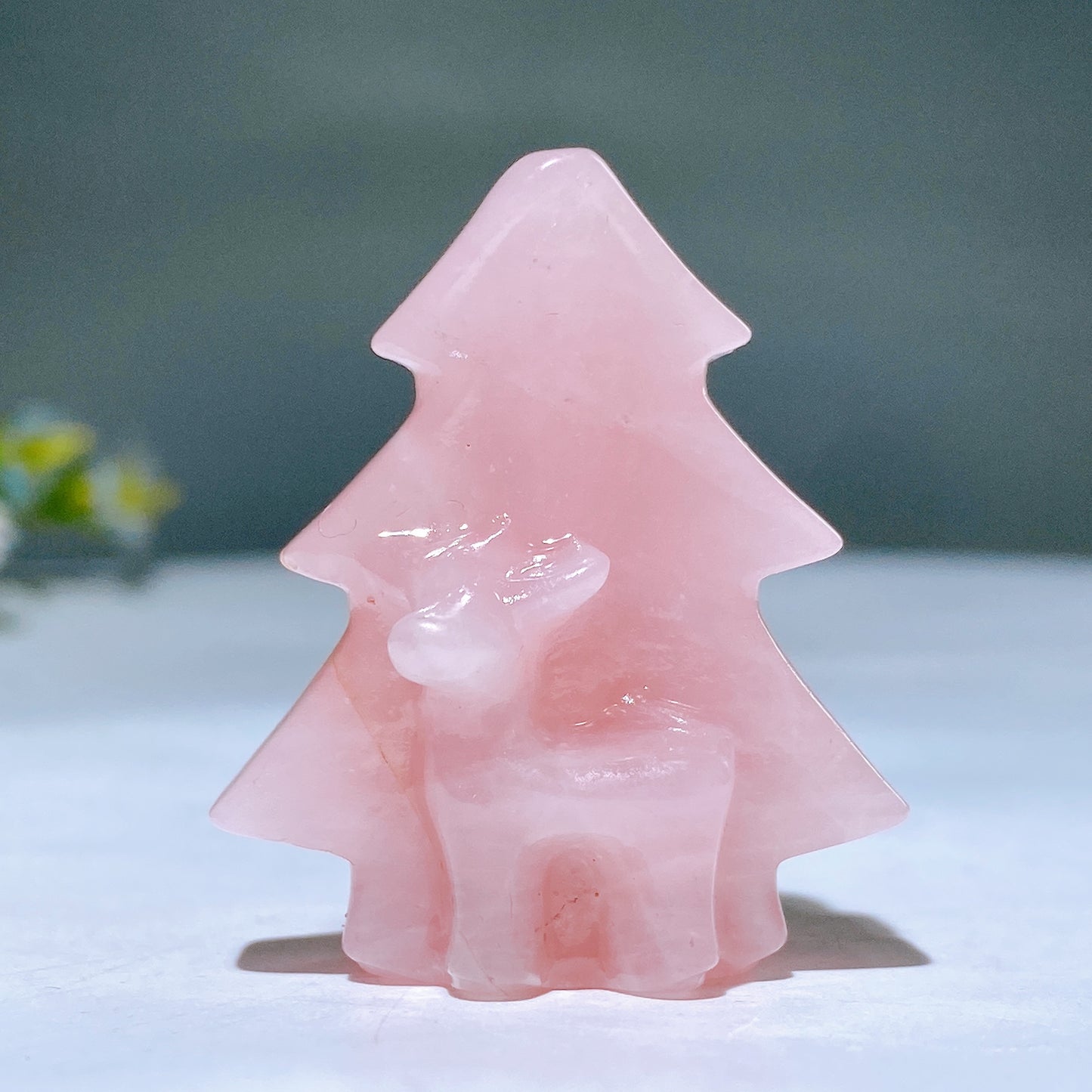 1.6" Rose Quartz Aventurine Christmas Tree with Deer Carving for Christmas Crystal Healing Bulk Wholesale