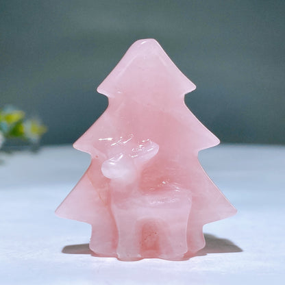 1.6" Rose Quartz Aventurine Christmas Tree with Deer Carving for Christmas Crystal Healing Bulk Wholesale