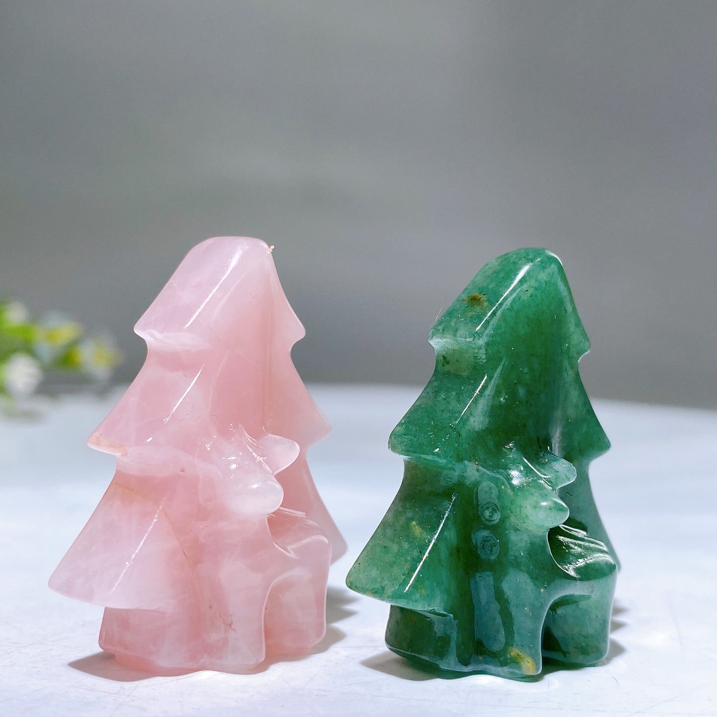 1.6" Rose Quartz Aventurine Christmas Tree with Deer Carving for Christmas Crystal Healing Bulk Wholesale