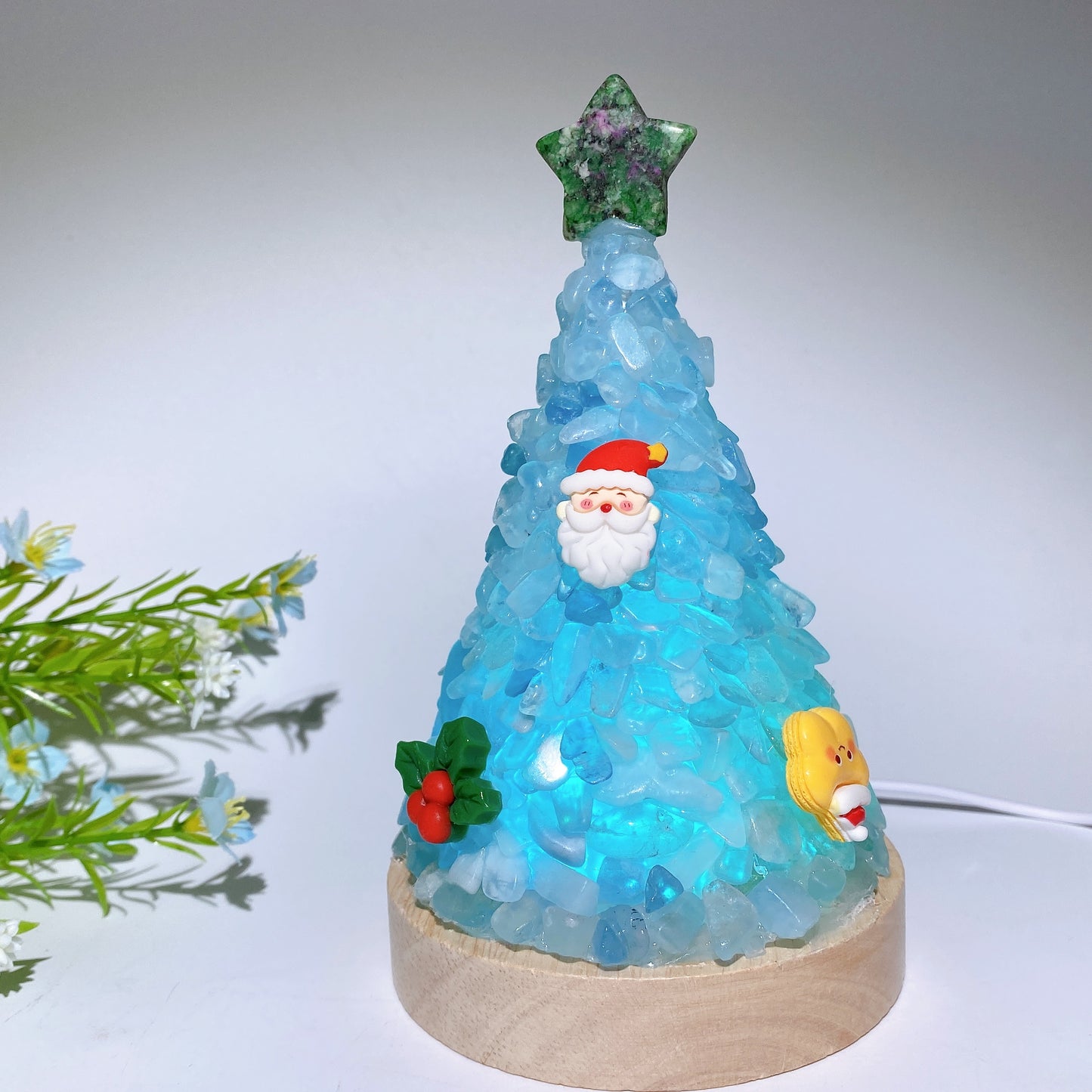 17.5cm Crystal Chips Christmas Tree Shape Lamp with Wooden Base