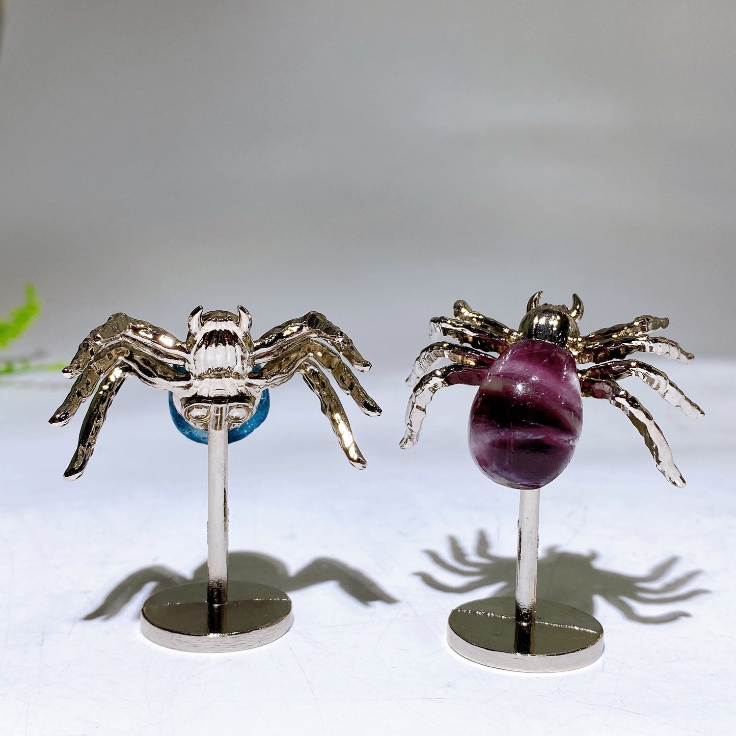 Natural Fluorite Blue Apatite Spider Carving with Fixed Metal Display Stand Wholesale