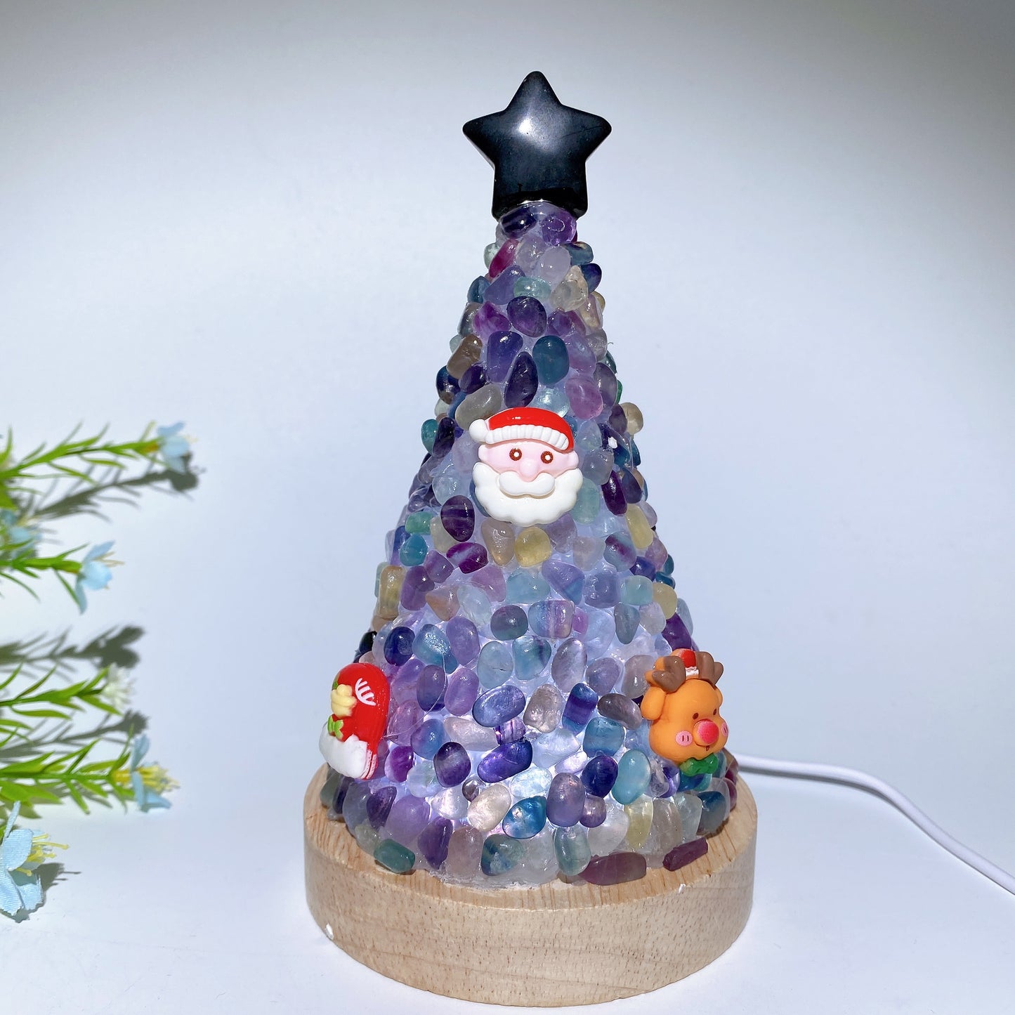 17.5cm Crystal Chips Christmas Tree Shape Lamp with Wooden Base