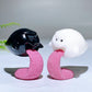 2.3" Black Obsidian White Jade Ghost Carving with UV Reactive Honeycomb Calcite Protruding Tongue