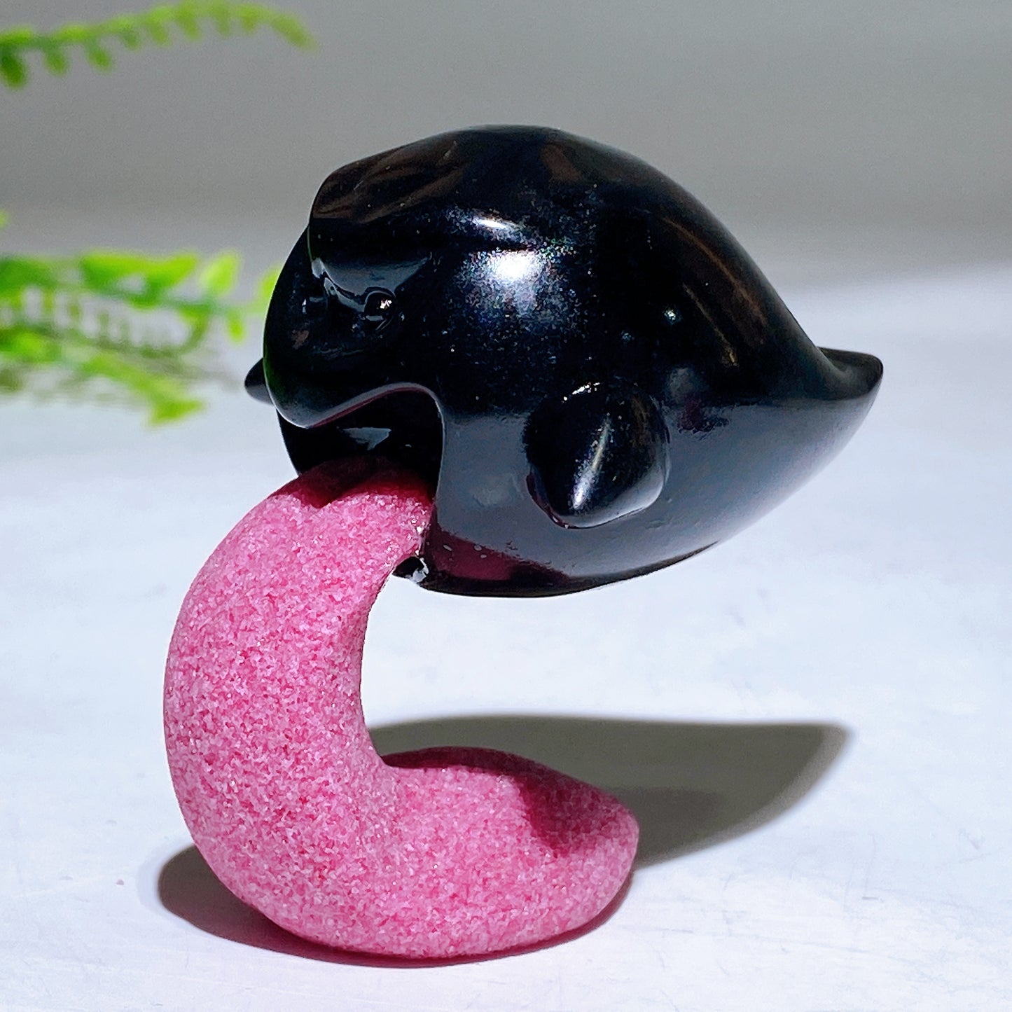 2.3" Black Obsidian White Jade Ghost Carving with UV Reactive Honeycomb Calcite Protruding Tongue