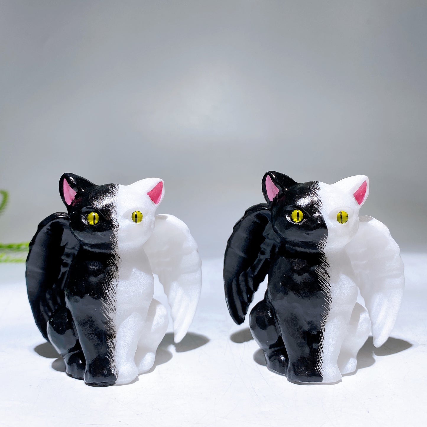 2.7" Half Black Painting White Jade Cat with Wings Carving for Halloween Wholesale