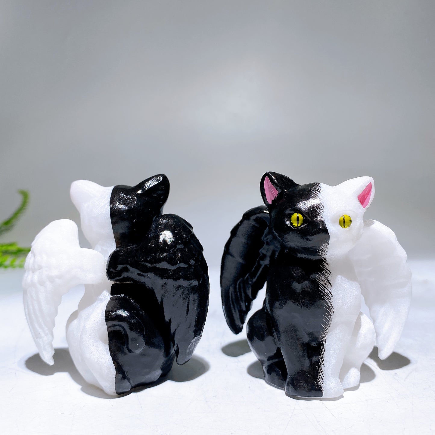 2.7" Half Black Painting White Jade Cat with Wings Carving for Halloween Wholesale