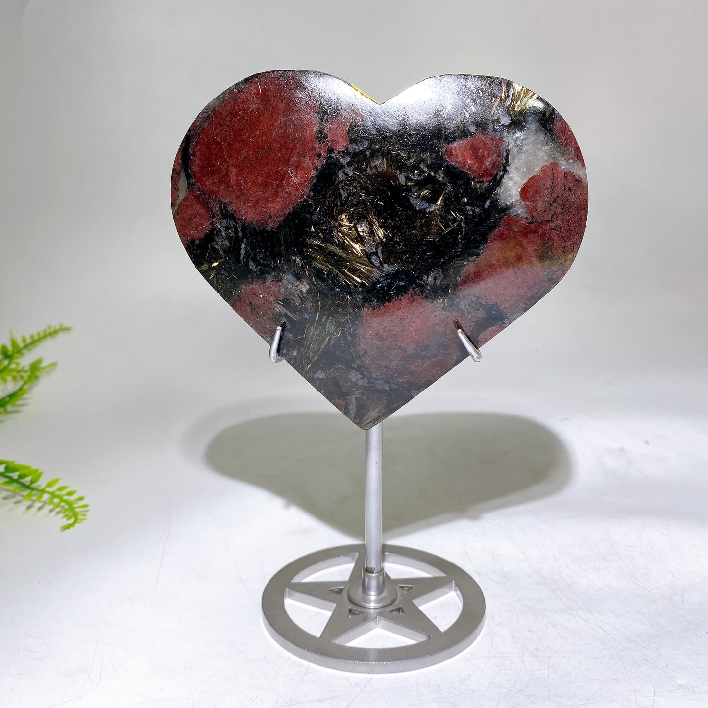 Atrophylite Garnet Moss Agate Heart Carving with Stand Wholesale