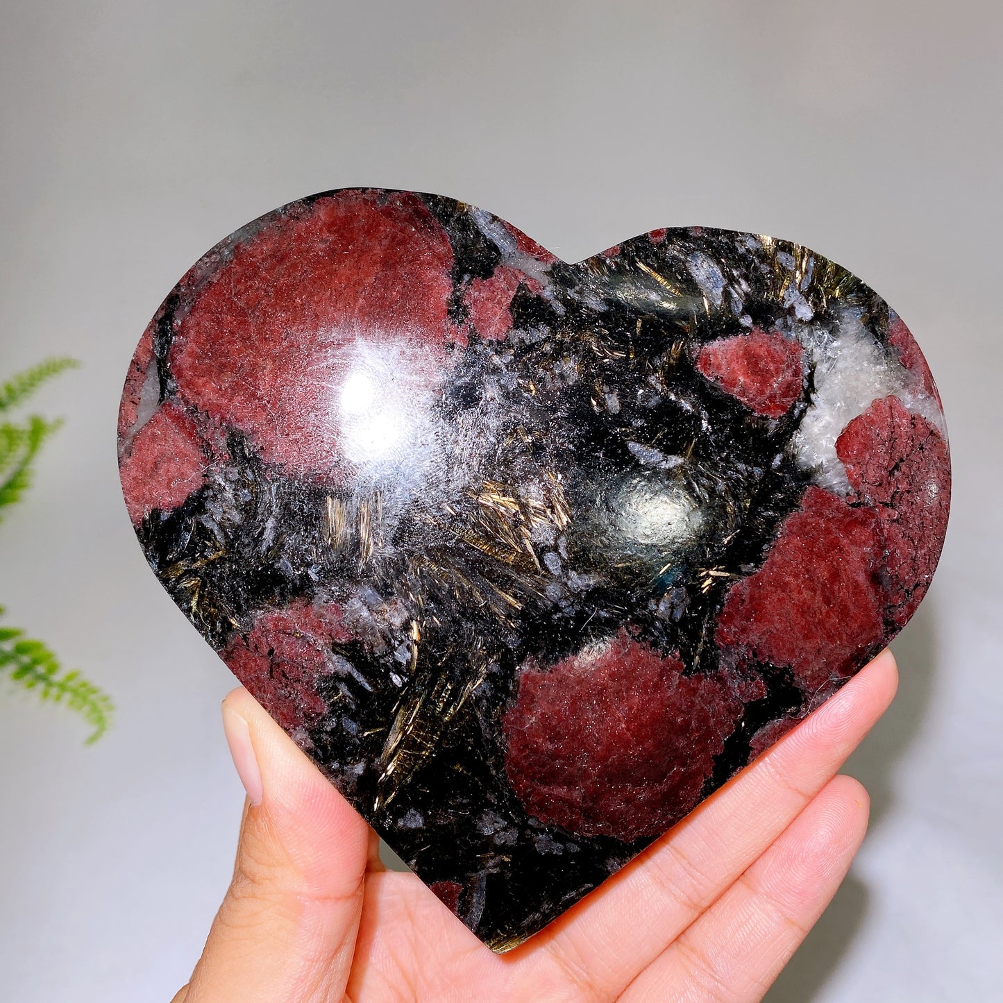 Atrophylite Garnet Moss Agate Heart Carving with Stand Wholesale