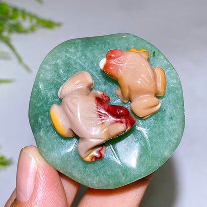 2.0" Natural Crystal Frogs on Aventurine Leaf Carving Wholesale