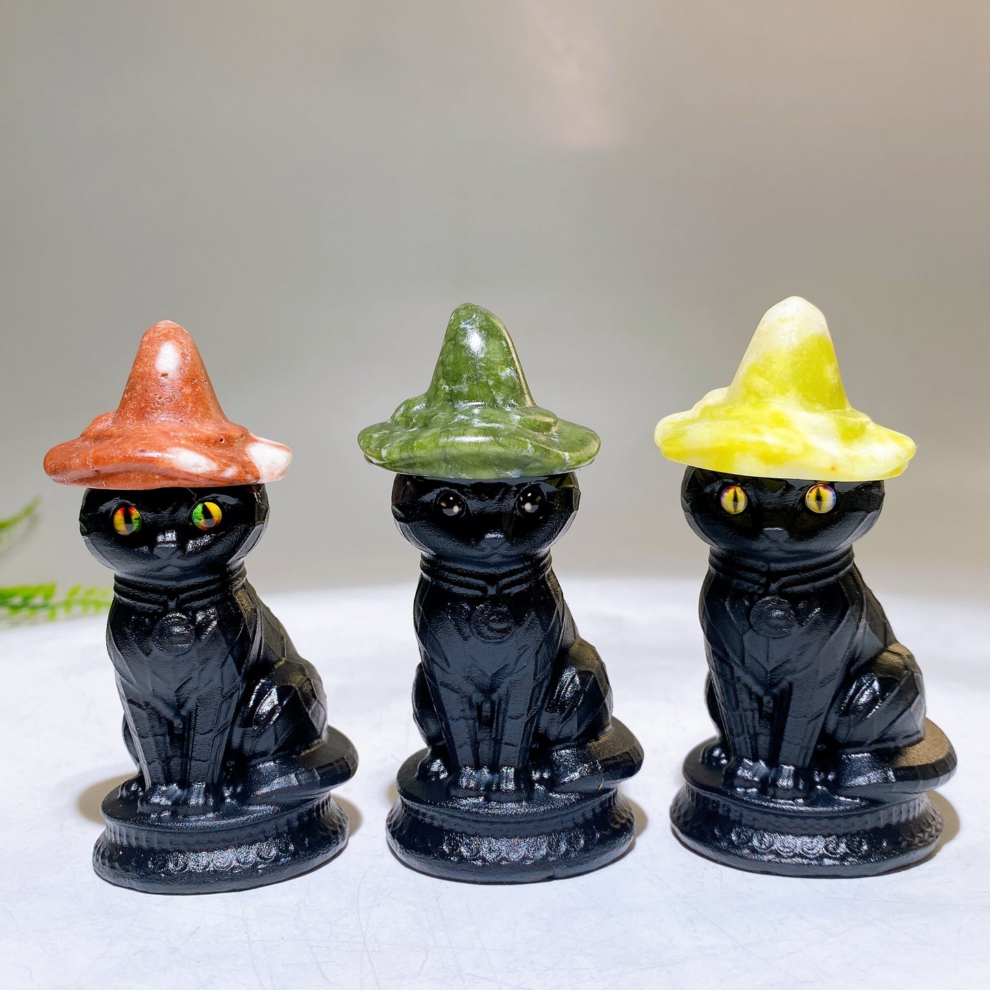 3.3" Black Obsidian White Jade Cat with Crystal Witch's Hat Carving for Halloween Wholesale