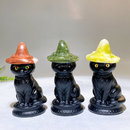 3.3" Black Obsidian White Jade Cat with Crystal Witch's Hat Carving for Halloween Wholesale