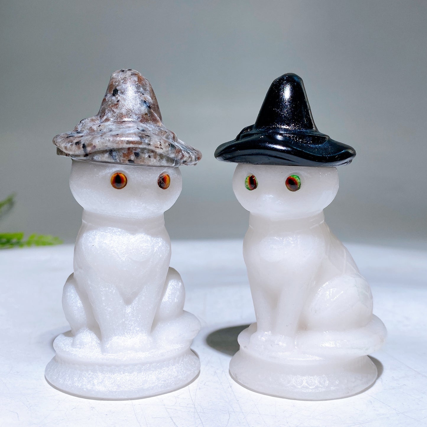 3.3" Black Obsidian White Jade Cat with Crystal Witch's Hat Carving for Halloween Wholesale