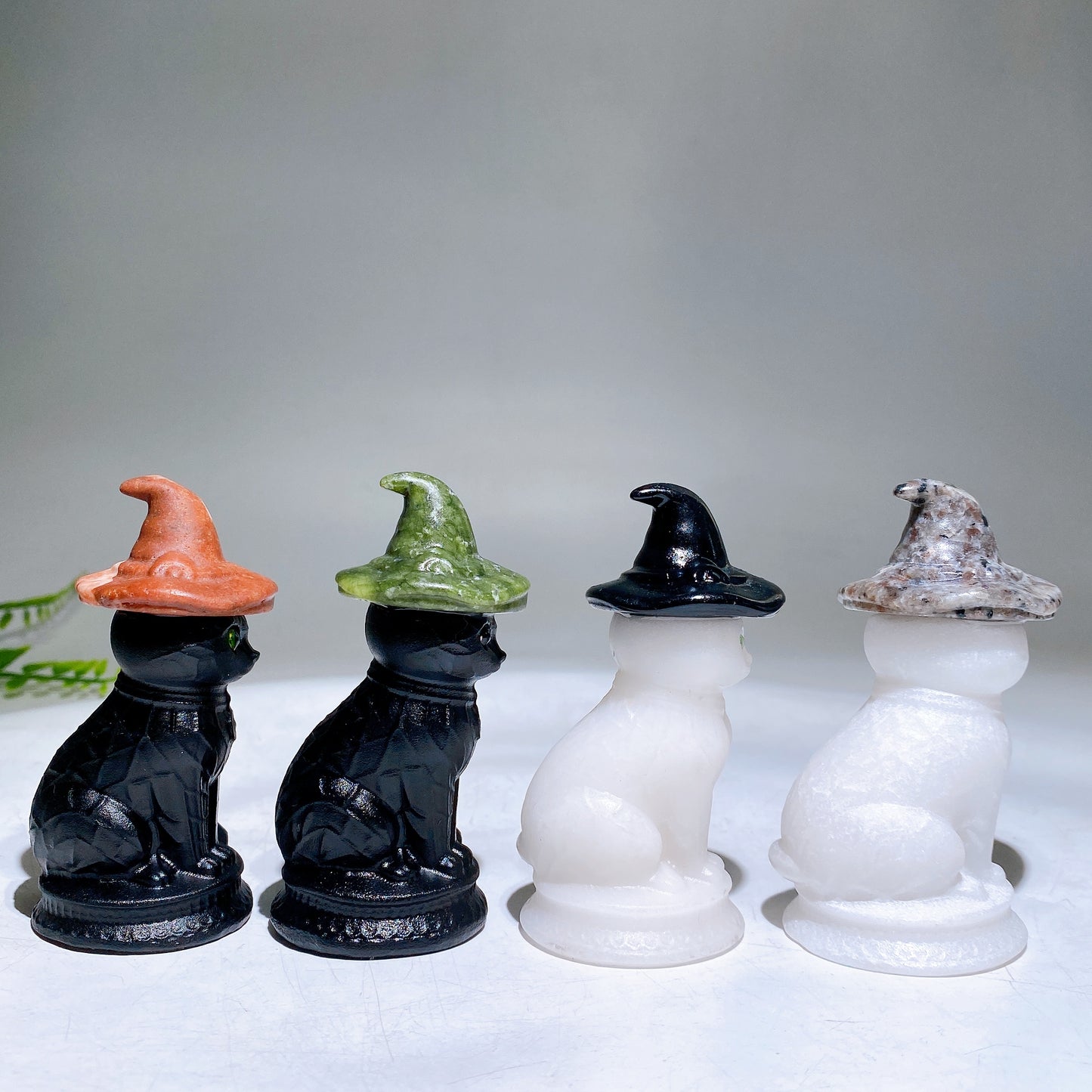 3.3" Black Obsidian White Jade Cat with Crystal Witch's Hat Carving for Halloween Wholesale