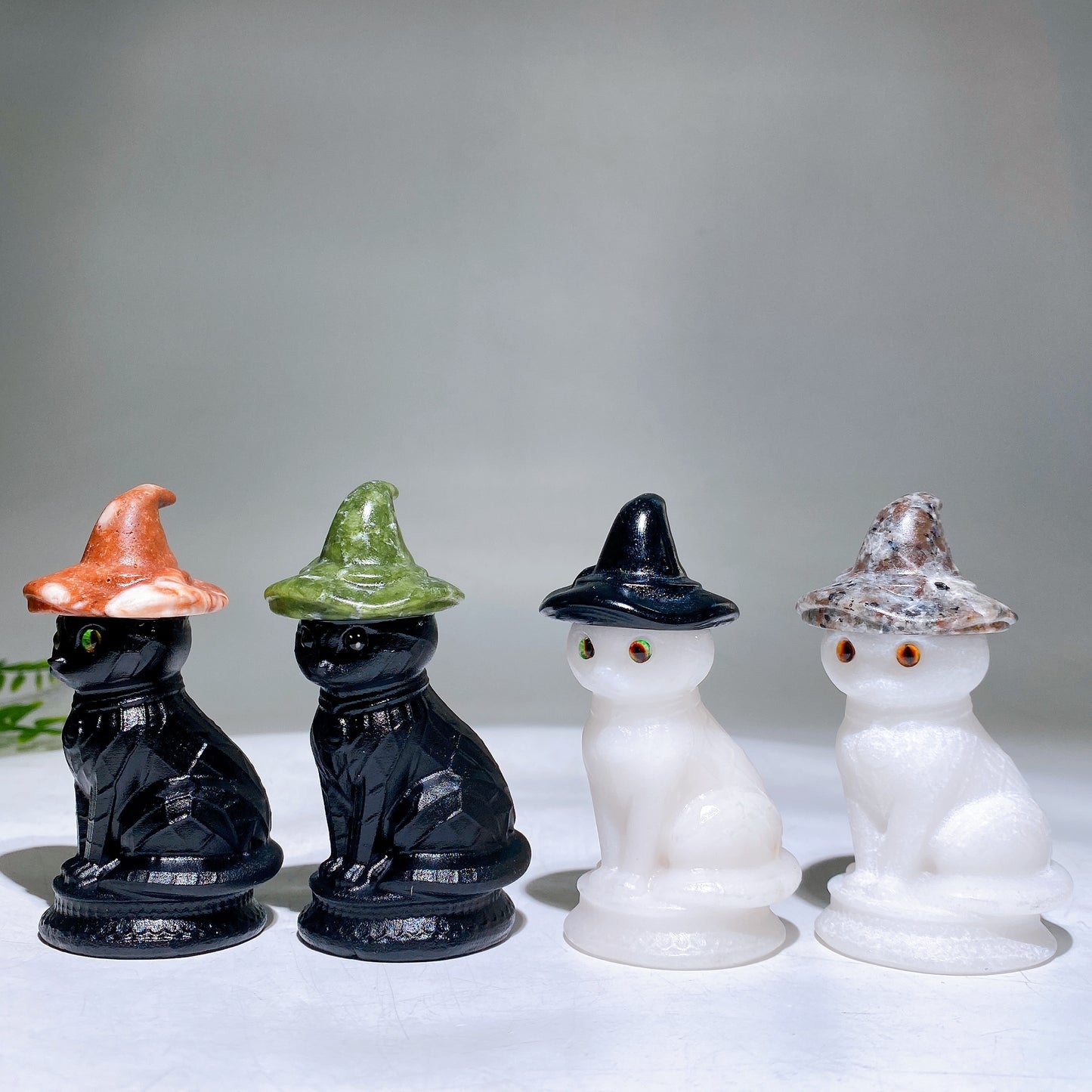 3.3" Black Obsidian White Jade Cat with Crystal Witch's Hat Carving for Halloween Wholesale