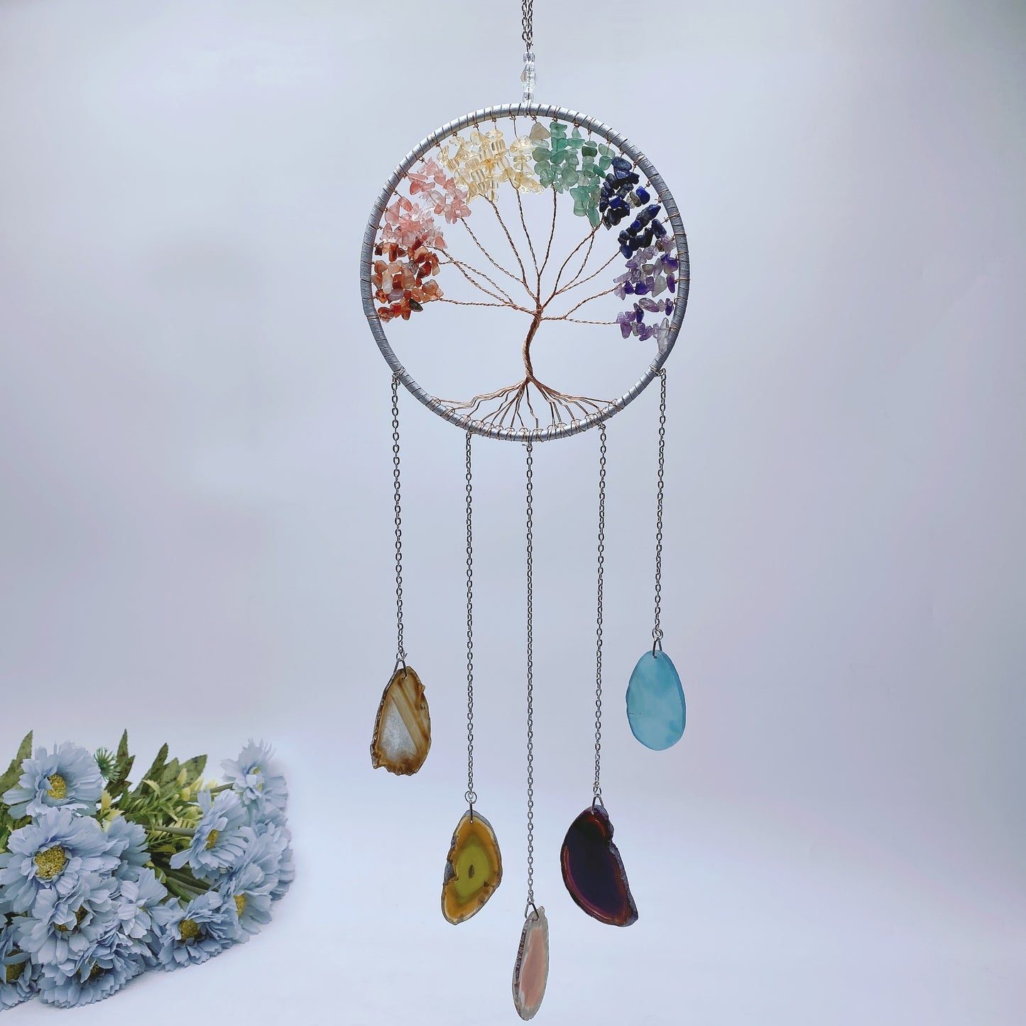 45-60cm Chakra Crystal Chips Life Tree with Colorful Agate Slabs Dreamcatcher Chime Bulk Wholesale