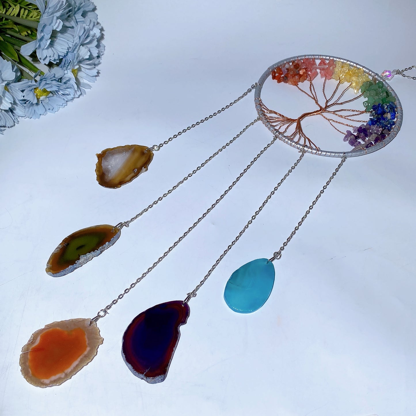 45-60cm Chakra Crystal Chips Life Tree with Colorful Agate Slabs Dreamcatcher Chime Bulk Wholesale