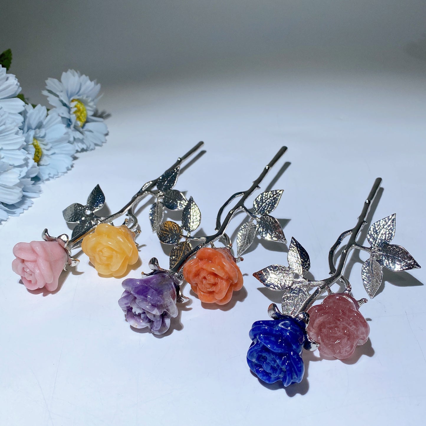 19cm Silver Stem Mixed Crystal Flowers Carvings Bulk Wholesale