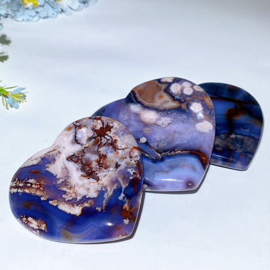 3.0"-4.0" Blue Flower Agate Heart Carvings Bulk Wholesale