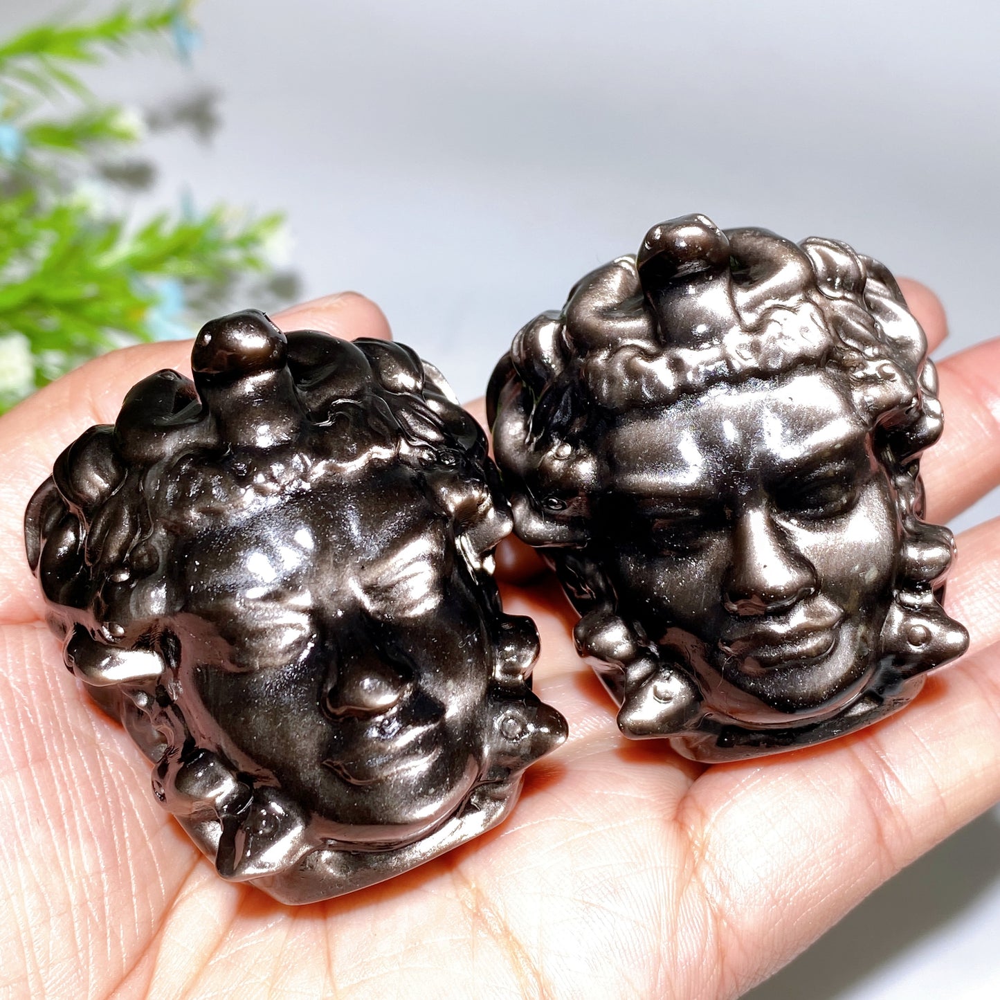 2.0" Silver Obsidian Medusa Carvings Bulk Wholesale