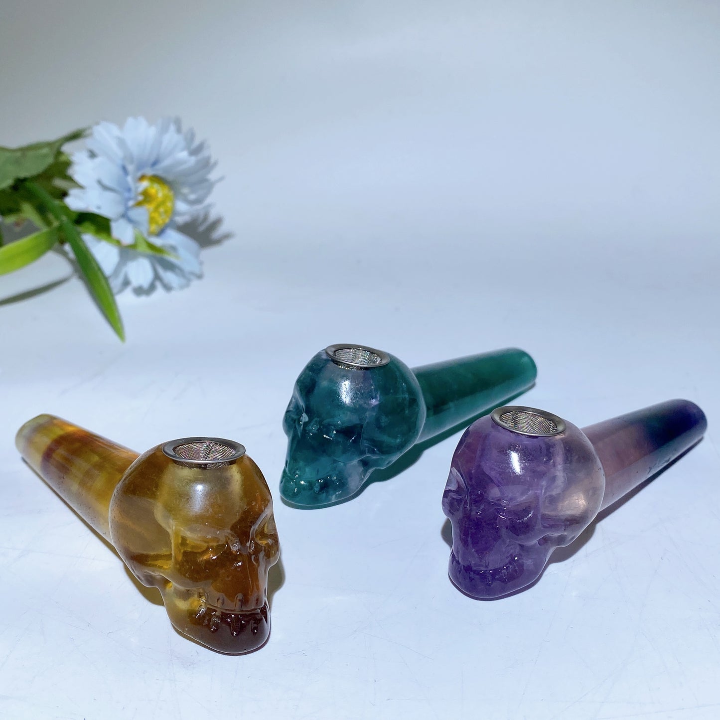 3.9" Yellow Green Purple Fluorite Smoking Pipe with Skull Carving Bulk Wholesale