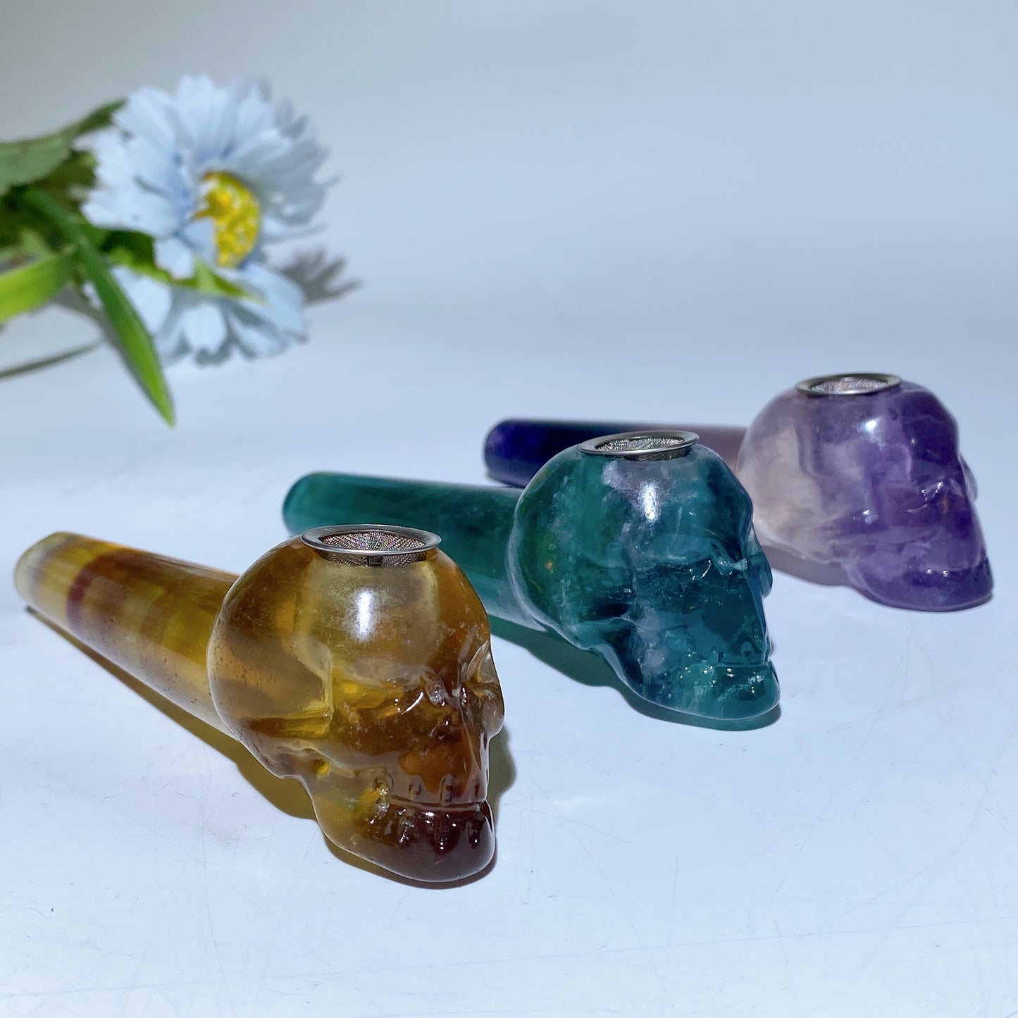 3.9" Yellow Green Purple Fluorite Smoking Pipe with Skull Carving Bulk Wholesale