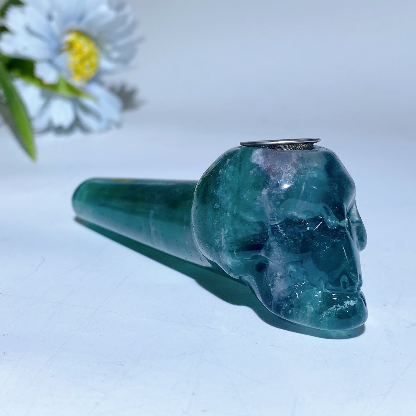 3.9" Yellow Green Purple Fluorite Smoking Pipe with Skull Carving Bulk Wholesale
