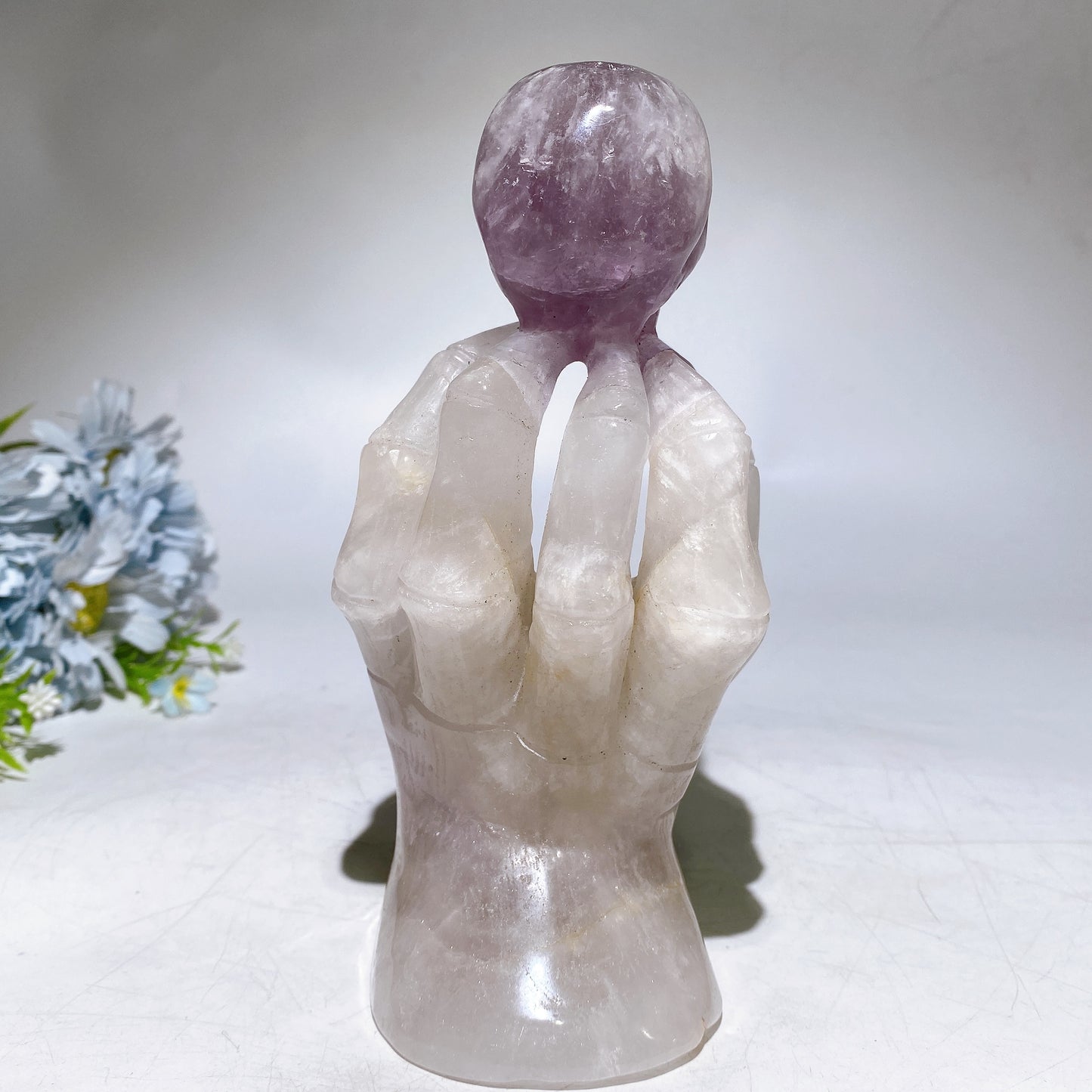 18cm Large Unique Amethyst Grow with Quartz Ghost Hand Holding Skull Carving Crystal Healing Bulk Wholesale