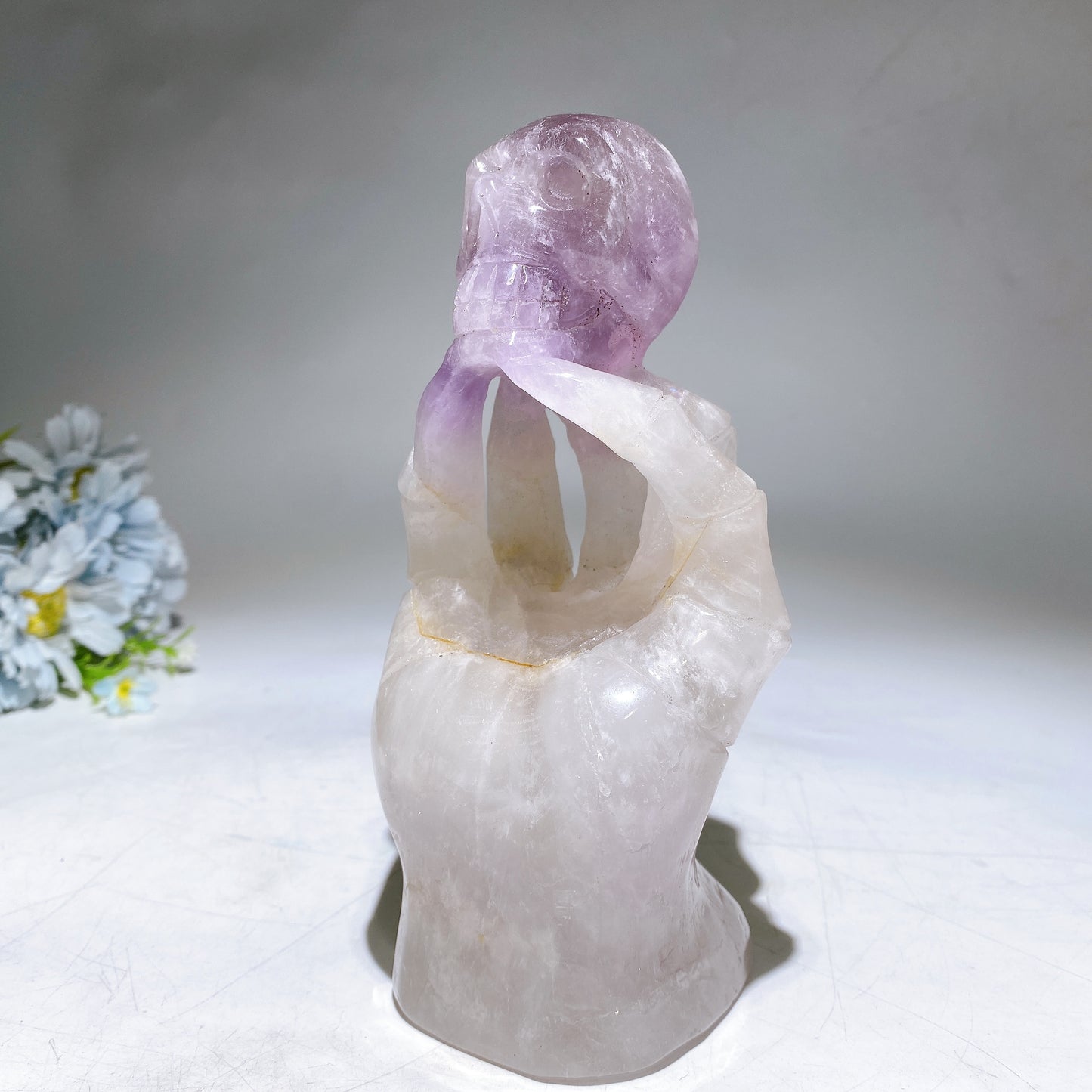 18cm Large Unique Amethyst Grow with Quartz Ghost Hand Holding Skull Carving Crystal Healing Bulk Wholesale