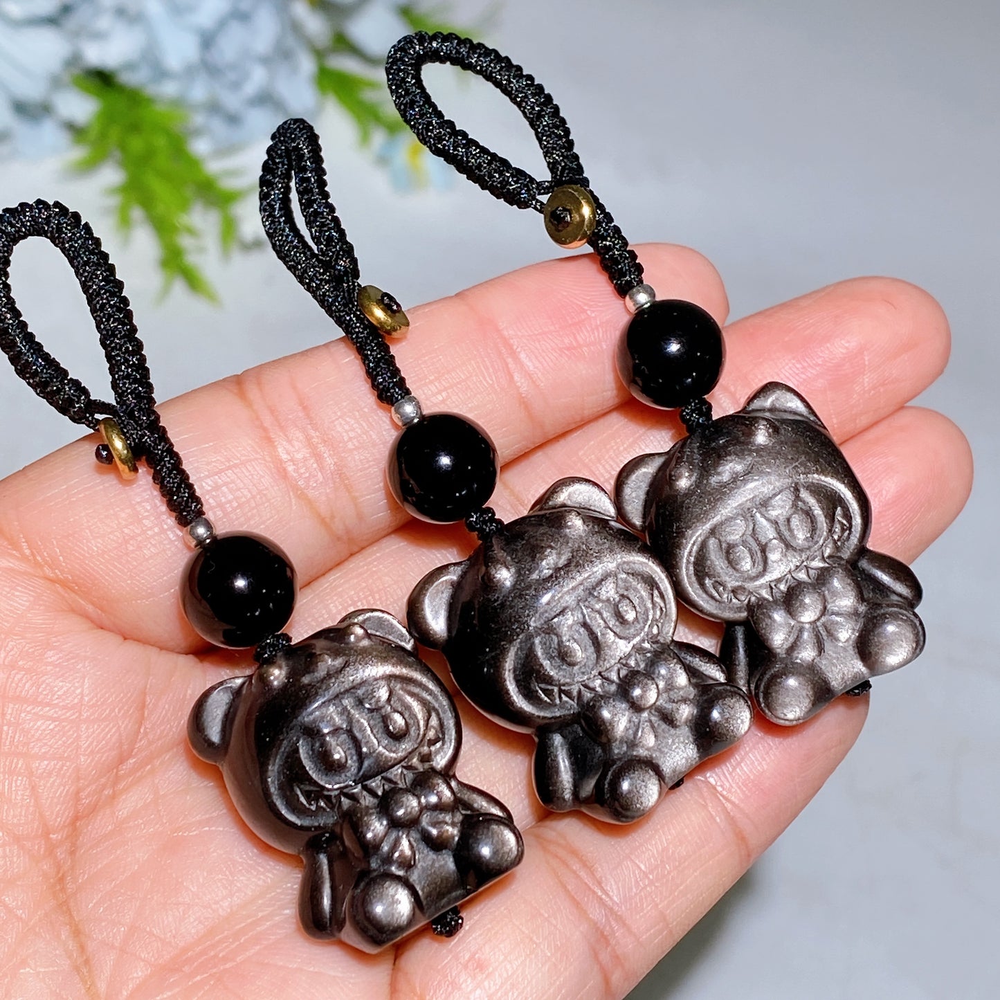 Silver Obsidian Labubu Cat Bag Hanging Phone Hanging Ornament Crystal Healing Bulk Wholesale