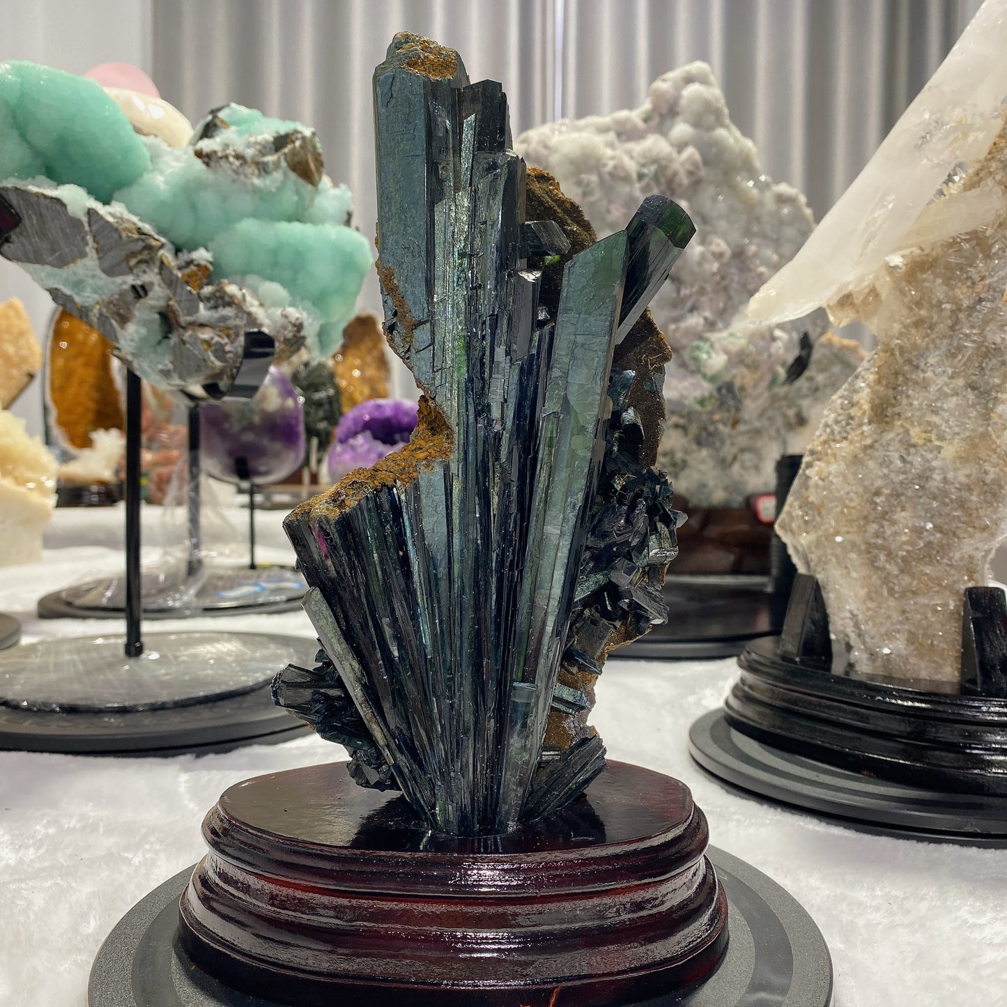 Rare Raw Vivianite Stick Specimen with Wooden Stand