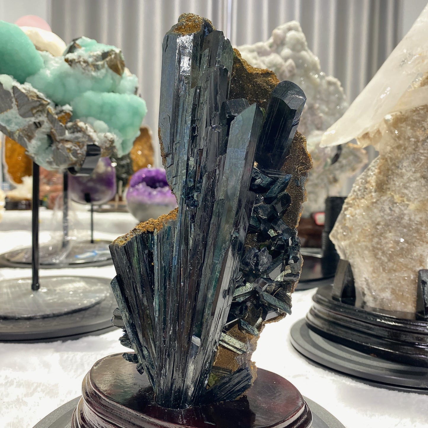 Rare Raw Vivianite Stick Specimen with Wooden Stand
