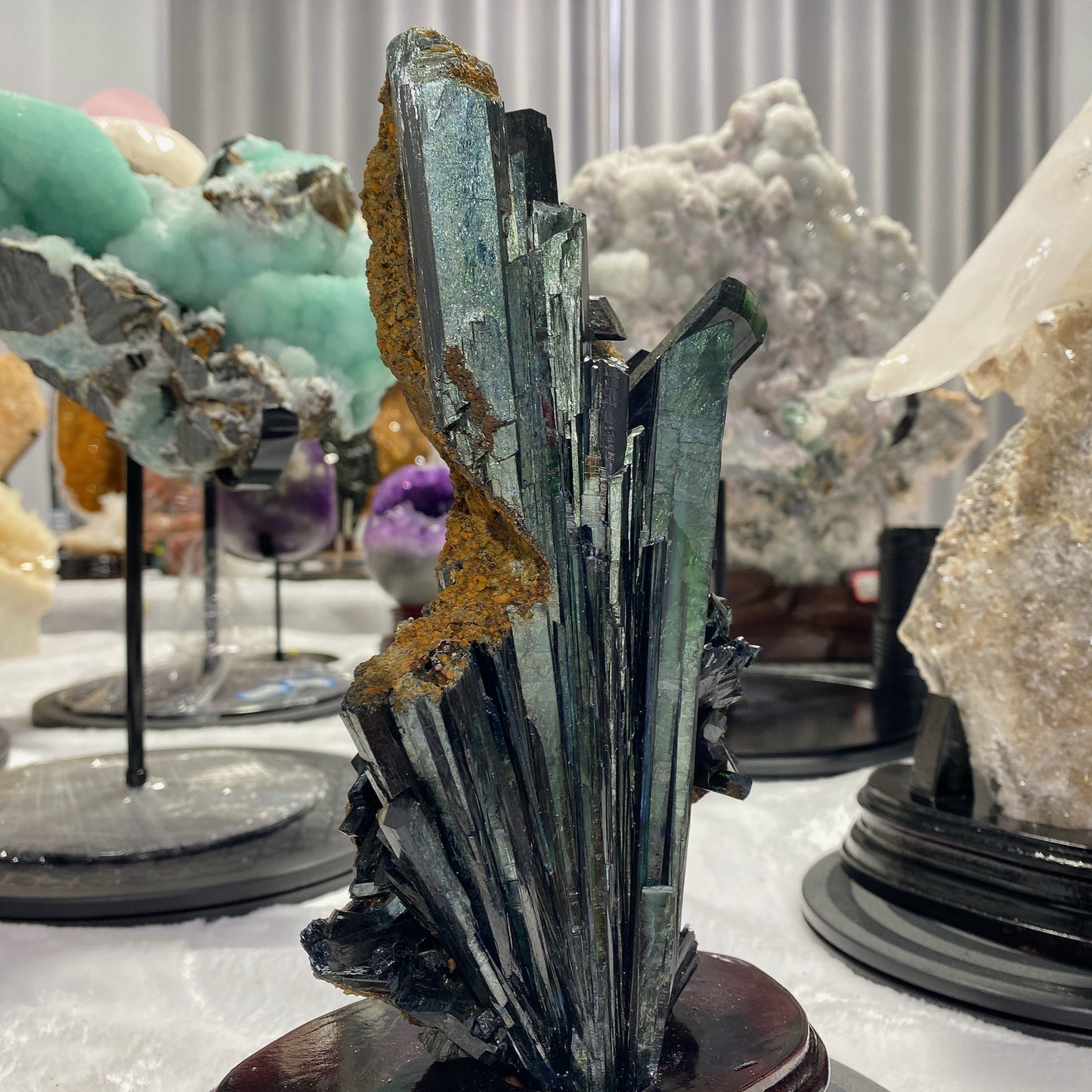 Rare Raw Vivianite Stick Specimen with Wooden Stand