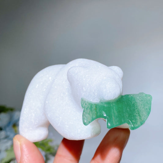 3.2" White Jade Bear with Aventurine Fish Carving Crystal Healing Bulk Wholesale