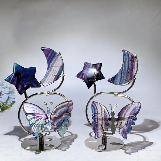 Rainbow Fluorite Moon Star Butterfly Wings Carving with Stand Crystal Healing Bulk Wholesale