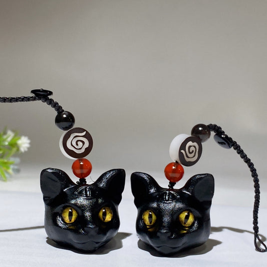 11cm Black Obsidian Cat Head Carving Key Chain Bag Hanging Crystal Healing Bulk Wholesale