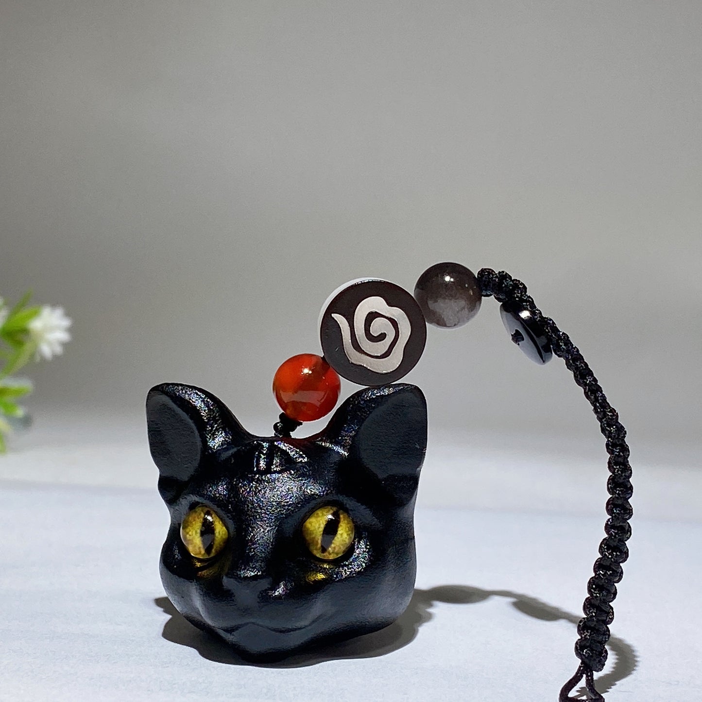 11cm Black Obsidian Cat Head Carving Key Chain Bag Hanging Crystal Healing Bulk Wholesale