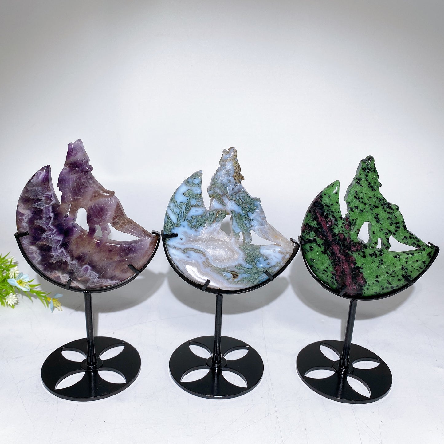 4.0"-4.4" Crystal Wolf On Moon Carving with Stand Bulk Wholesale