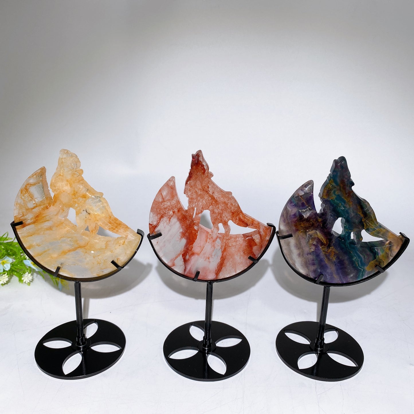 4.0"-4.4" Crystal Wolf On Moon Carving with Stand Bulk Wholesale