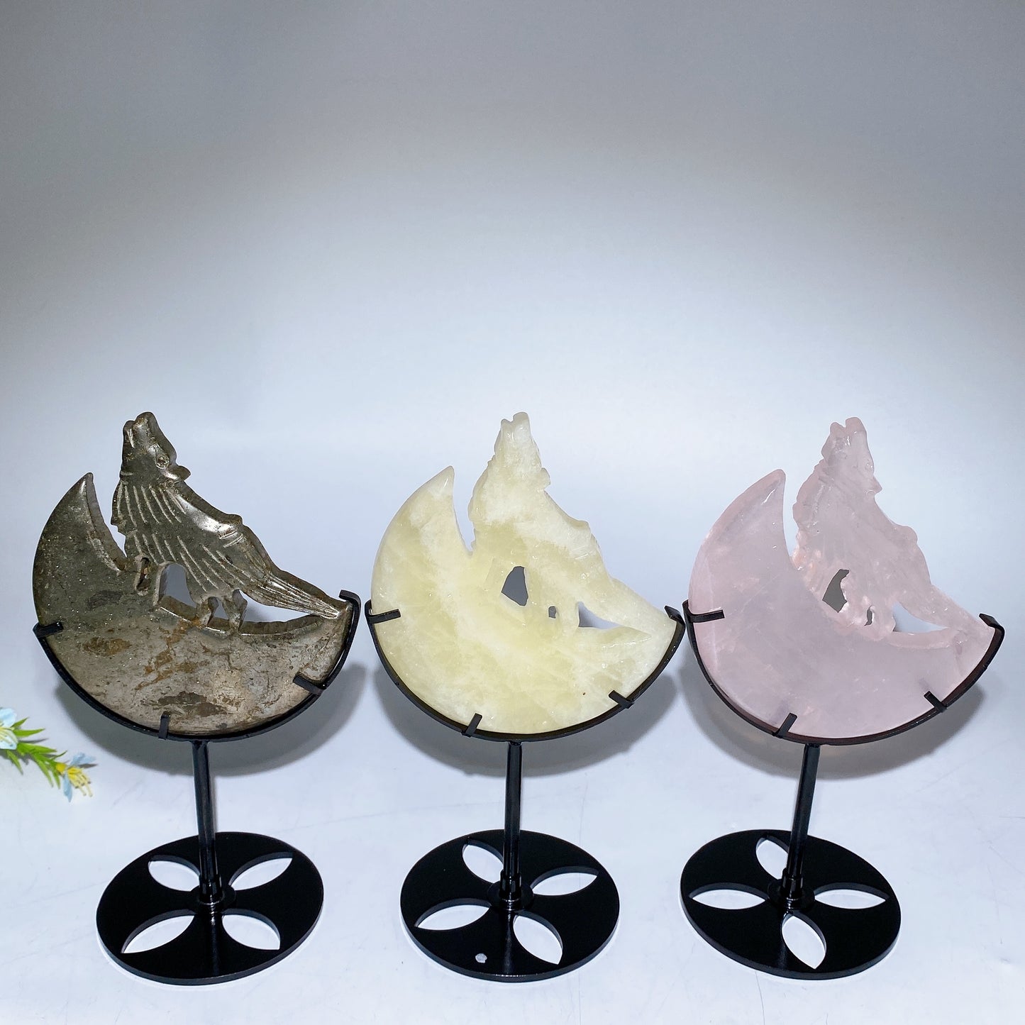 4.0"-4.4" Crystal Wolf On Moon Carving with Stand Bulk Wholesale